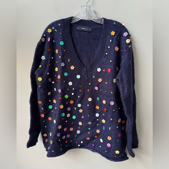 Zara Knit Multicolor Sequin Blue Oversized V-Neck Sweater - Picture 3 of 7